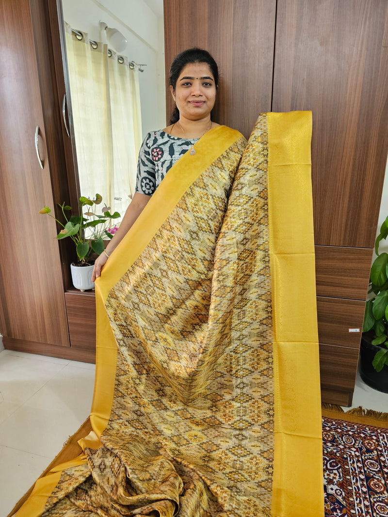 Yellow Shade Semi Banarasi Copper Zari Weave Soft Silk Saree with Digital Print