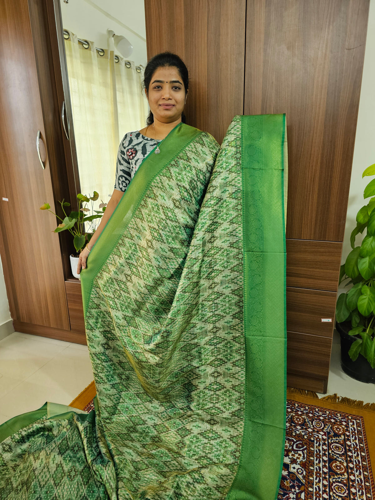 Green Shade Semi Banarasi Copper Zari Weave Soft Silk Saree with Digital Print