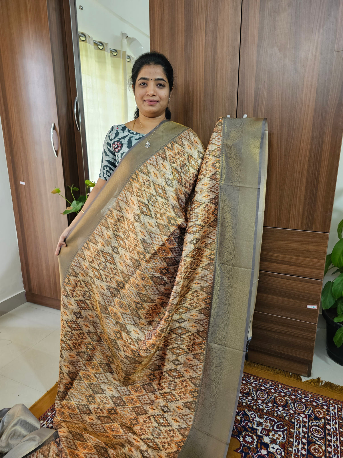 Grey Shade Semi Banarasi Copper Zari Weave Soft Silk Saree with Digital Print