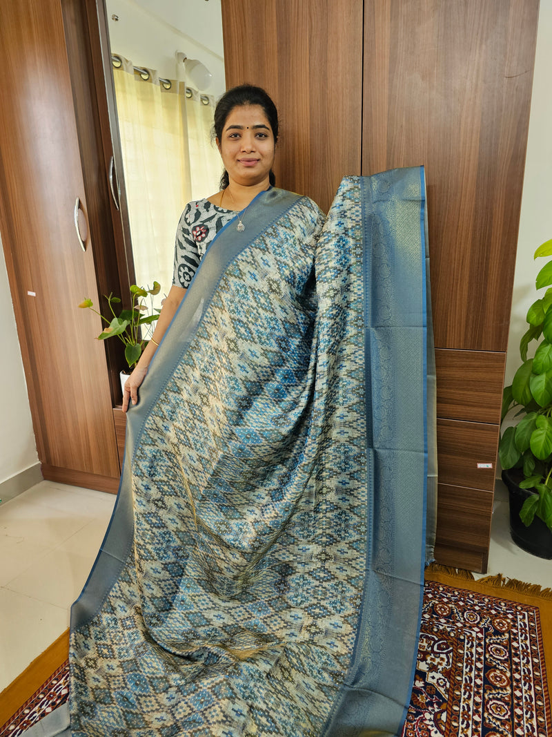 Blue Shade Semi Banarasi Copper Zari Weave Soft Silk Saree with Digital Print