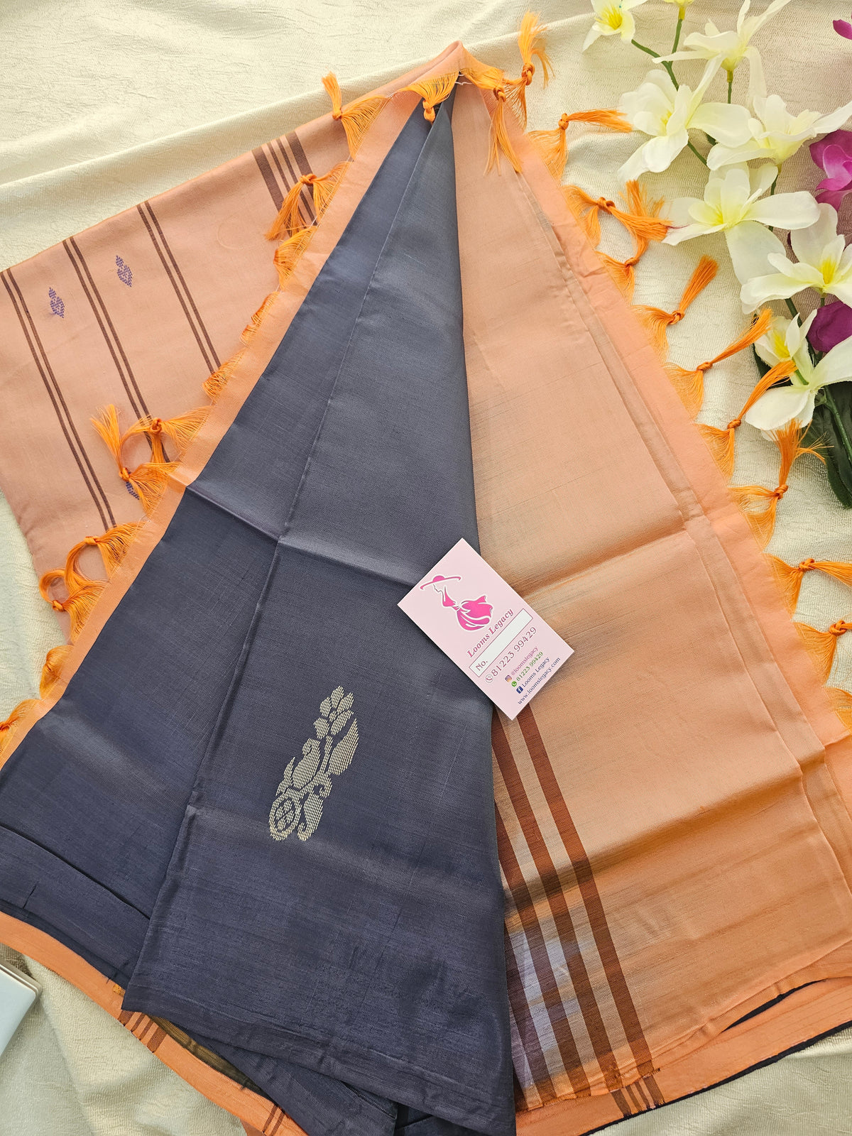 Dark Blue cum Grey with  Pastel Orange Handwoven Chinnalampattu Saree