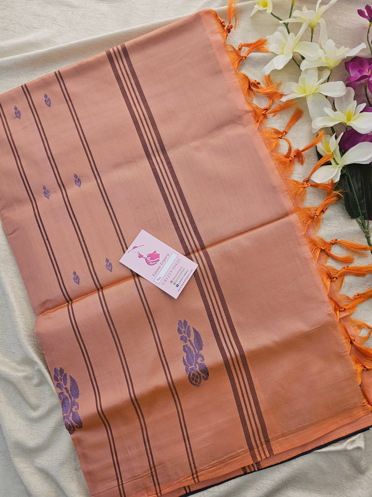 Dark Blue cum Grey with  Pastel Orange Handwoven Chinnalampattu Saree