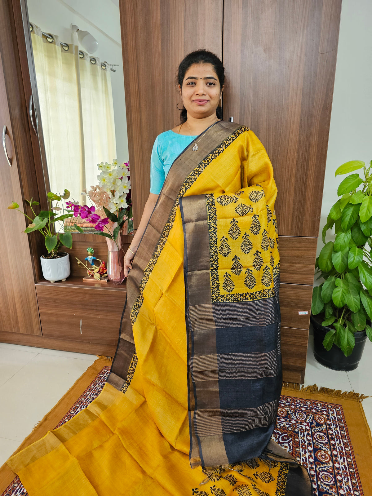 Yellow with Black Handwoven Tussar Silk Saree with Zari Border