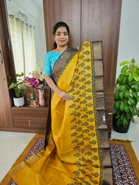 Yellow with Black Handwoven Tussar Silk Saree with Zari Border