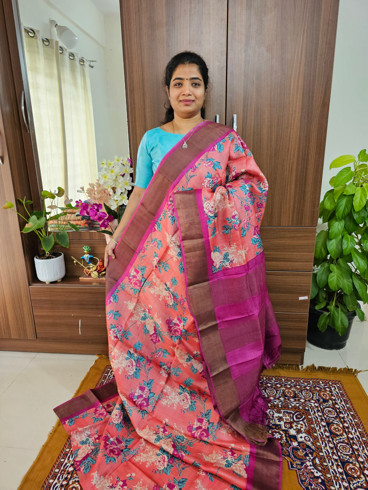 Peach with Pink Handwoven Tussar Silk Saree with Zari Border