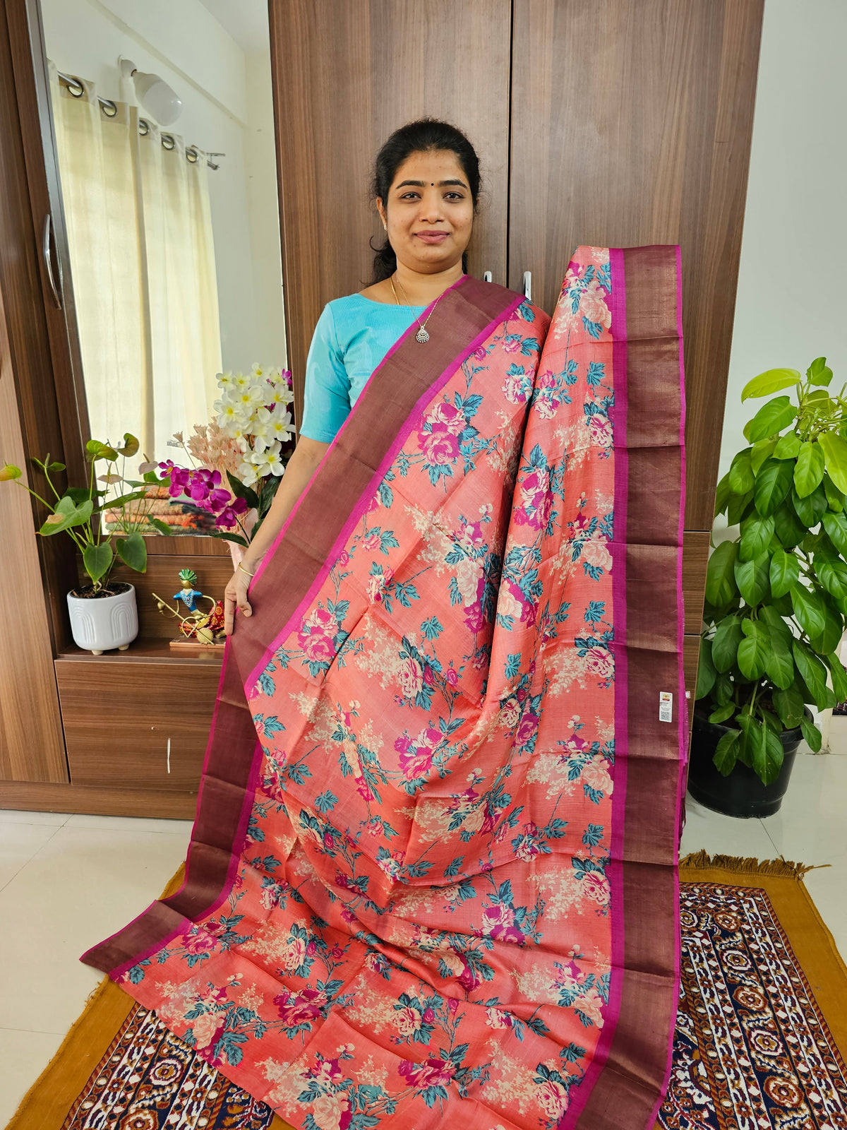 Peach with Pink Handwoven Tussar Silk Saree with Zari Border