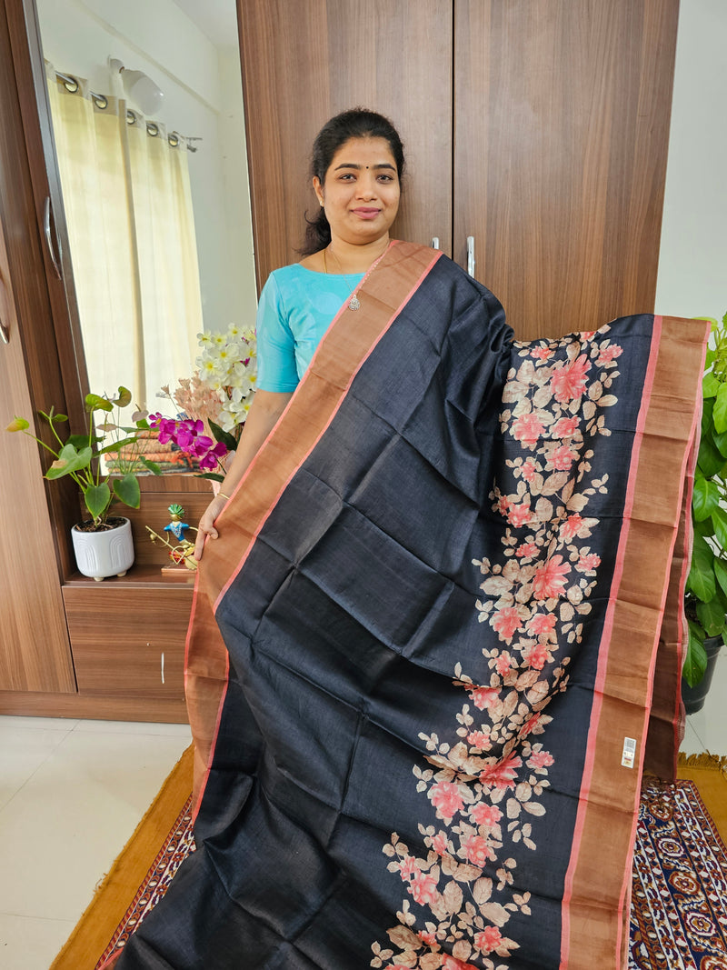 Black with Peach Handwoven Tussar Silk Saree with Zari Border