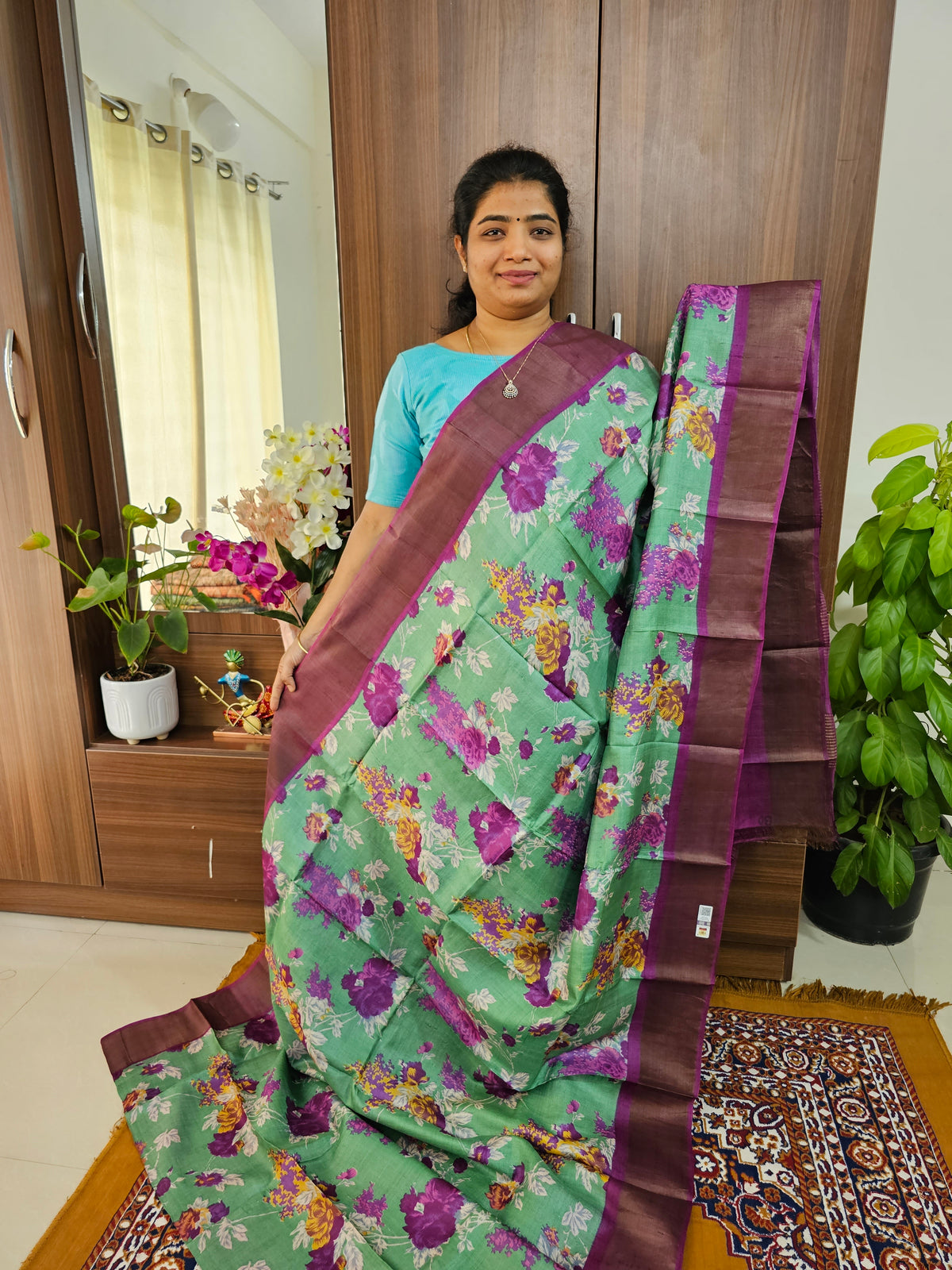 Dark Olive Green with Purple Handwoven Tussar Silk Saree with Zari Border