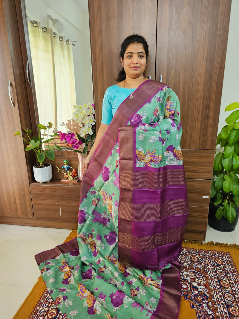 Dark Olive Green with Purple Handwoven Tussar Silk Saree with Zari Border