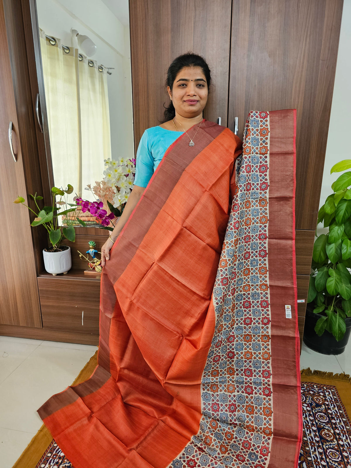 Dark Orange with Grey Handwoven Tussar Silk Saree with Zari Border