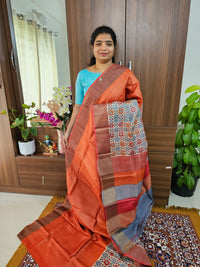 Dark Orange with Grey Handwoven Tussar Silk Saree with Zari Border