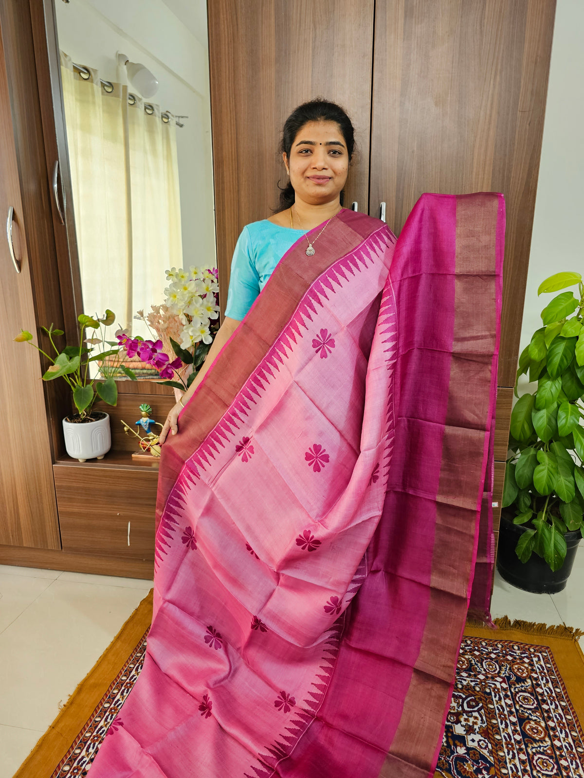 Pink Shade Handwoven Tussar Silk Saree with Zari Border