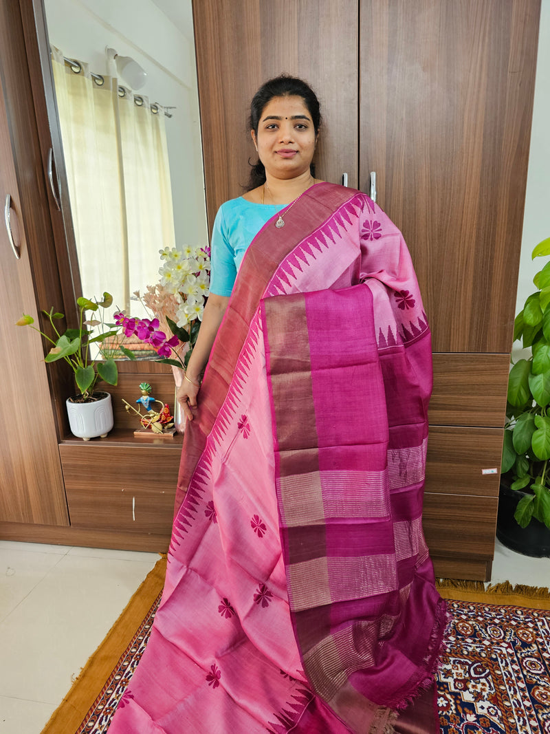 Pink Shade Handwoven Tussar Silk Saree with Zari Border