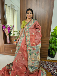 Semi Tussar with Striped Zari Weaving Saree with Beautiful Pichwai Digital Prints and Contrast Border - Maroon with Brown