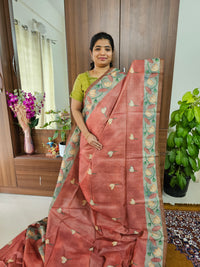 Semi Tussar with Striped Zari Weaving Saree with Beautiful Pichwai Digital Prints and Contrast Border - Maroon with Brown