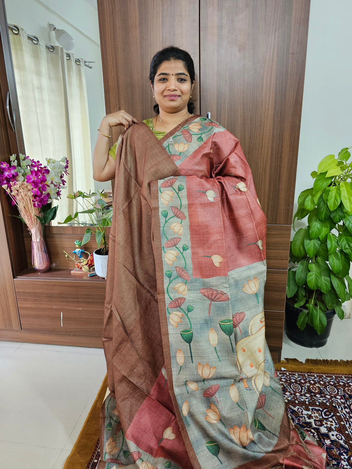 Semi Tussar with Striped Zari Weaving Saree with Beautiful Pichwai Digital Prints and Contrast Border - Maroon with Brown