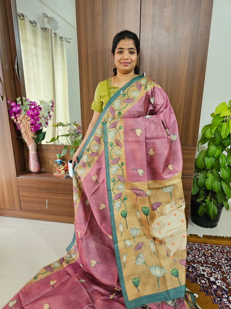 Semi Tussar with Striped Zari Weaving Saree with Beautiful Pichwai Digital Prints and Contrast Border - Onion Pink with Dark Green