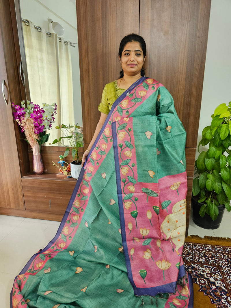 Semi Tussar with Striped Zari Weaving Saree with Beautiful Pichwai Digital Prints and Contrast Border - Dark Sea Green with Violet