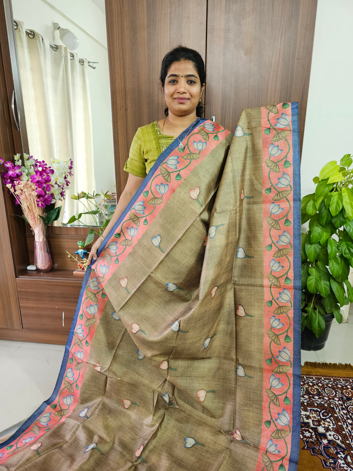Semi Tussar with Striped Zari Weaving Saree with Beautiful Pichwai Digital Prints and Contrast Border - Dark Mehindi Green with Blue