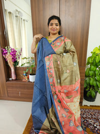Semi Tussar with Striped Zari Weaving Saree with Beautiful Pichwai Digital Prints and Contrast Border - Dark Mehindi Green with Blue
