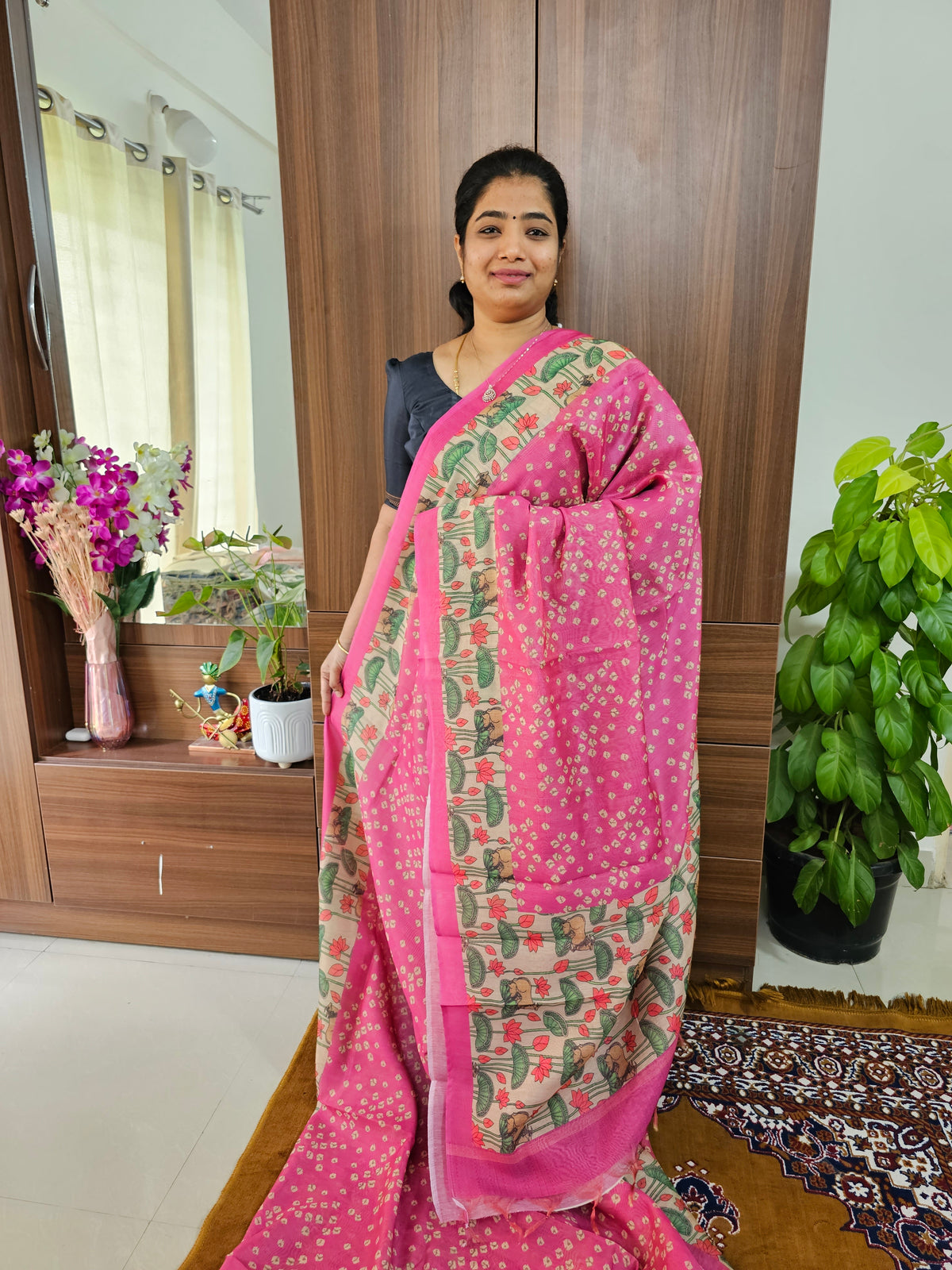 Semi Chanderi Saree - Pink