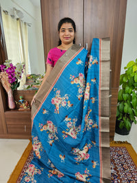 Soft Semi Tussar Digital Prints with Contrast Border - Peacock Blue