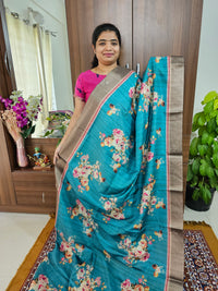 Soft Semi Tussar Digital Prints with Contrast Border -  Blue