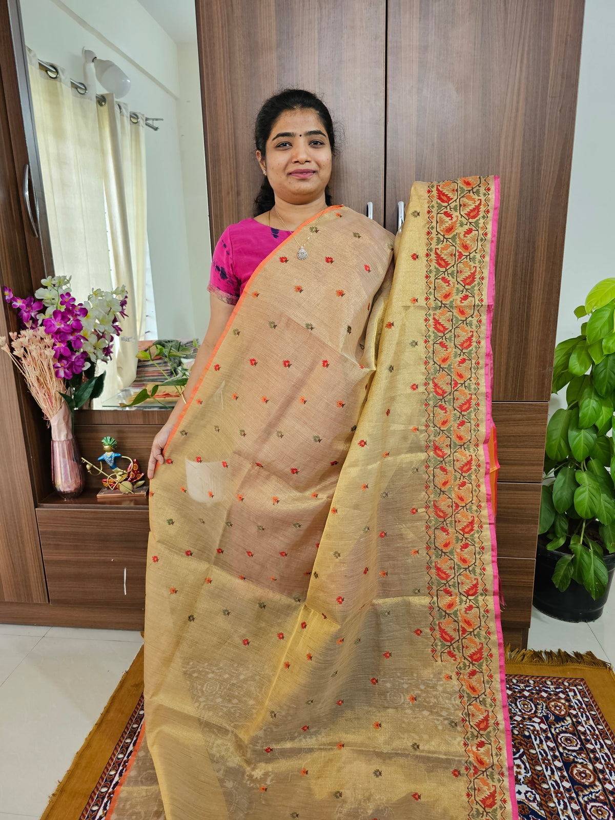 Tissue Floral Embroidery Saree Golden with Pink