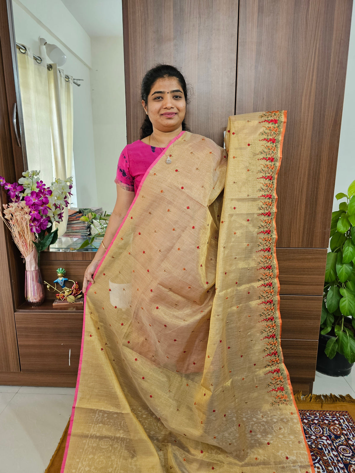 Tissue Floral Embroidery Saree Golden with Pink