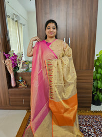 Tissue Floral Embroidery Saree Golden with Pink