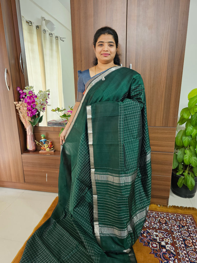 Handwoven Mangalagiri Pattu Saree with Beautiful  Small Checks -  Dark Green