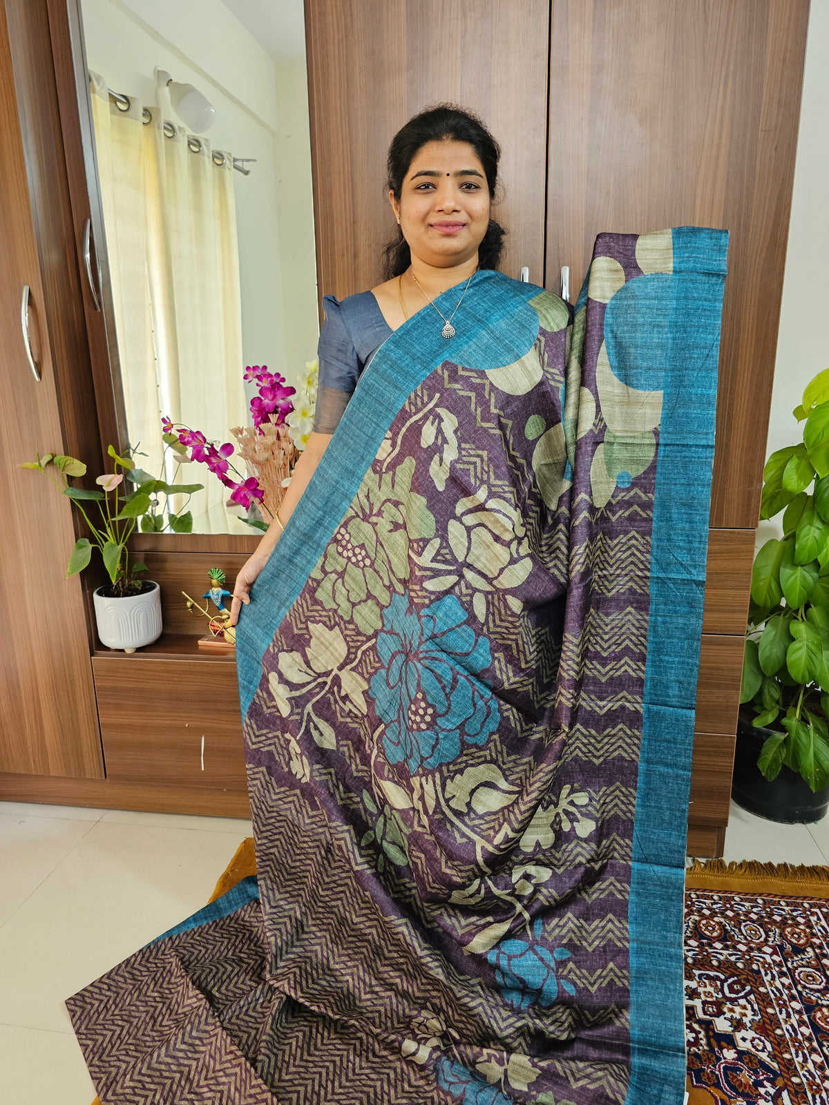 Soft Semi Tussar Digital Prints with Contrast Border - Purple with Peacock Blue