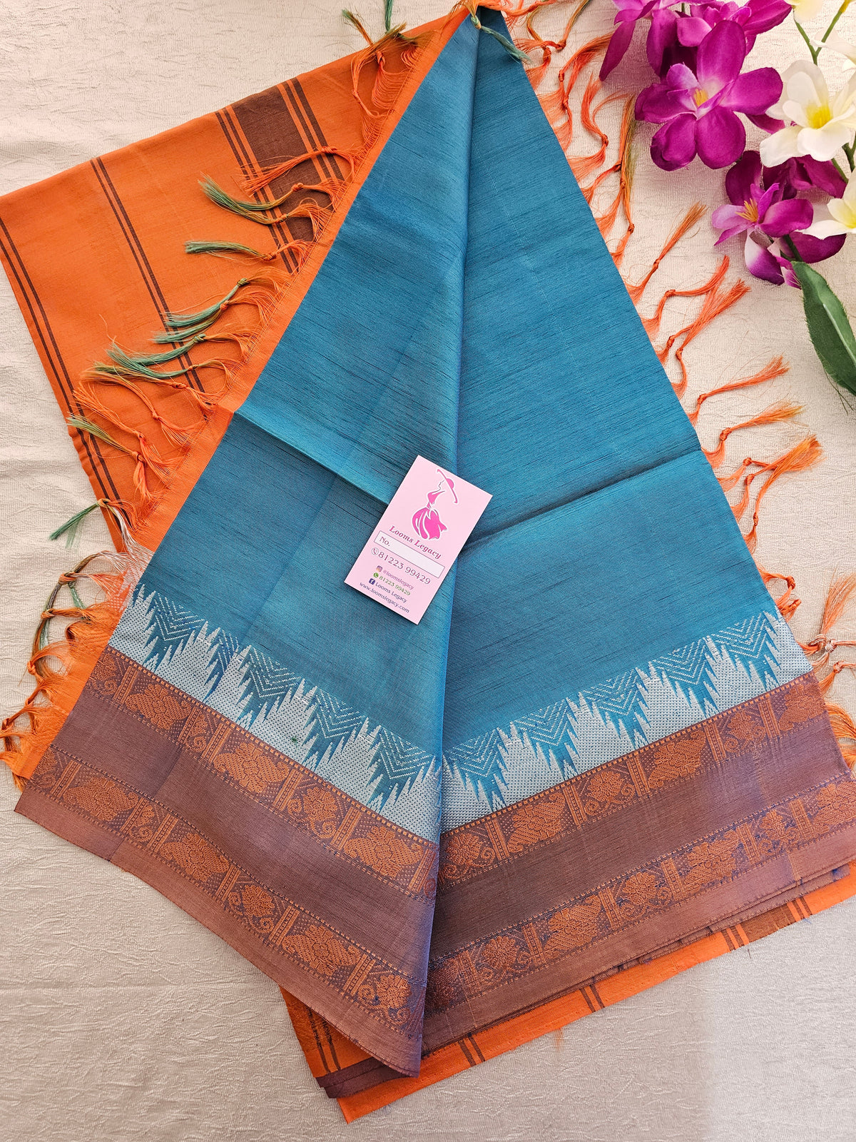 Dual Shade Blue with Orange Pallu Chinnalampattu Korvai Tower Border Saree