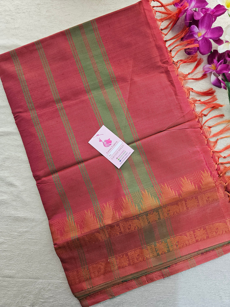 Green with Dual Shade Pink cum Orange Pallu Chinnalampattu Korvai Tower Border Saree