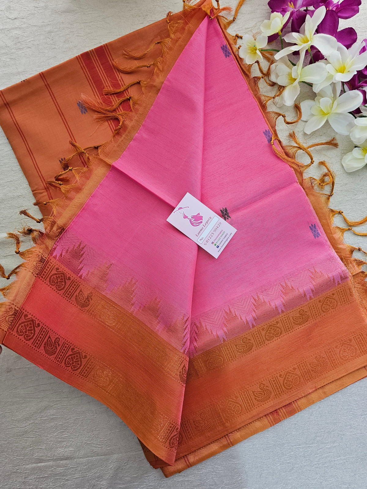 Pink with Mustard Yellow Pallu Chinnalampattu Korvai Tower Border Saree