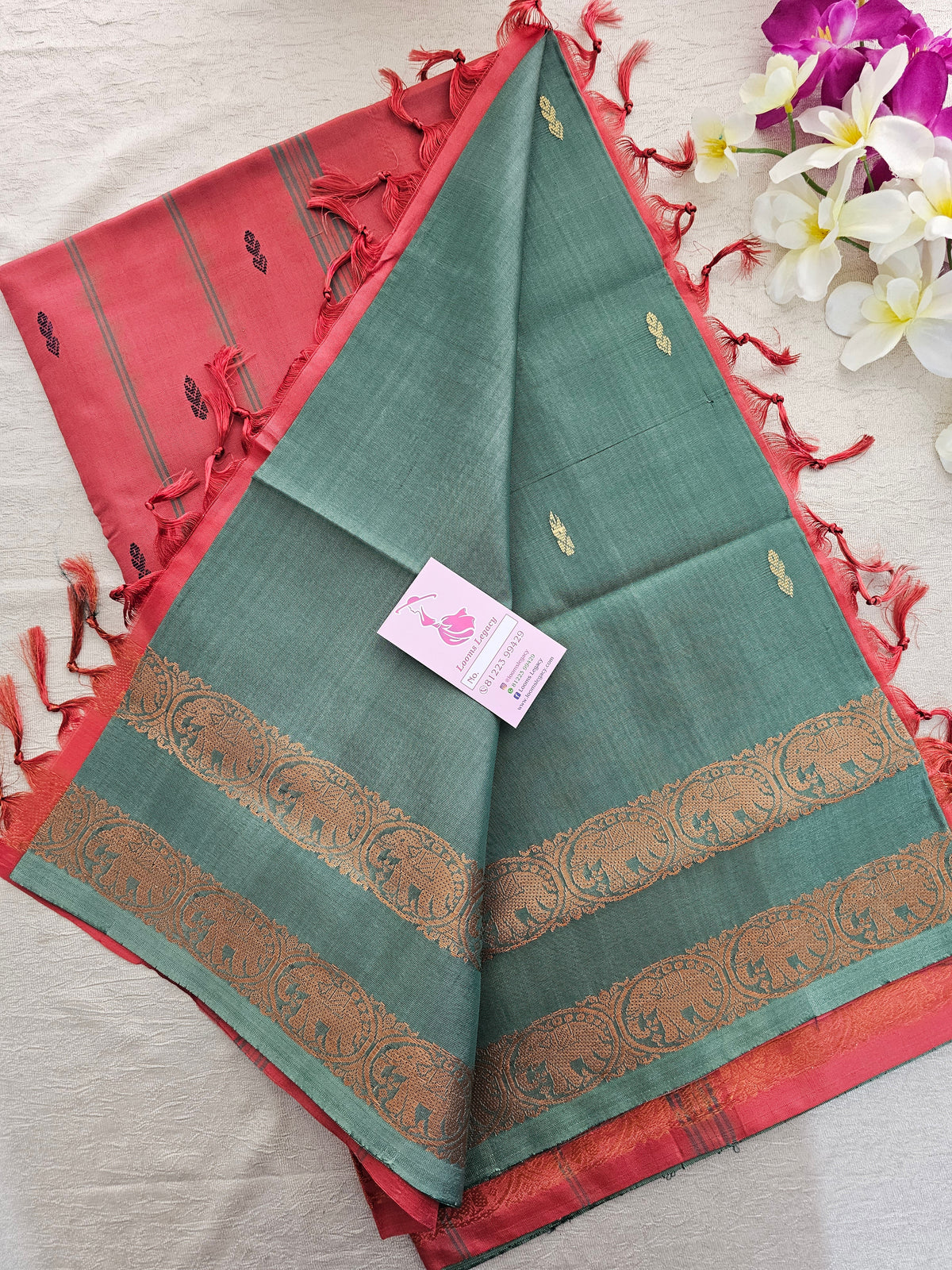 Green with Peach  Pallu Chinnalampattu Border Saree