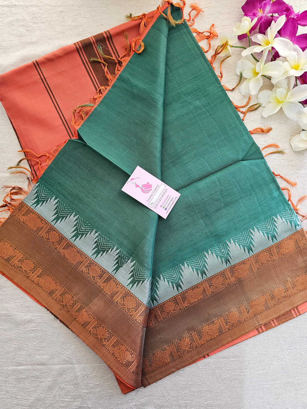 Green with Orange Pallu Chinnalampattu Korvai Tower Border Saree