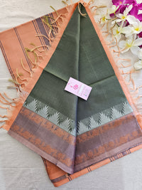 Mehindi  Green with Pastel Orange Pallu Chinnalampattu Korvai Tower Border Saree