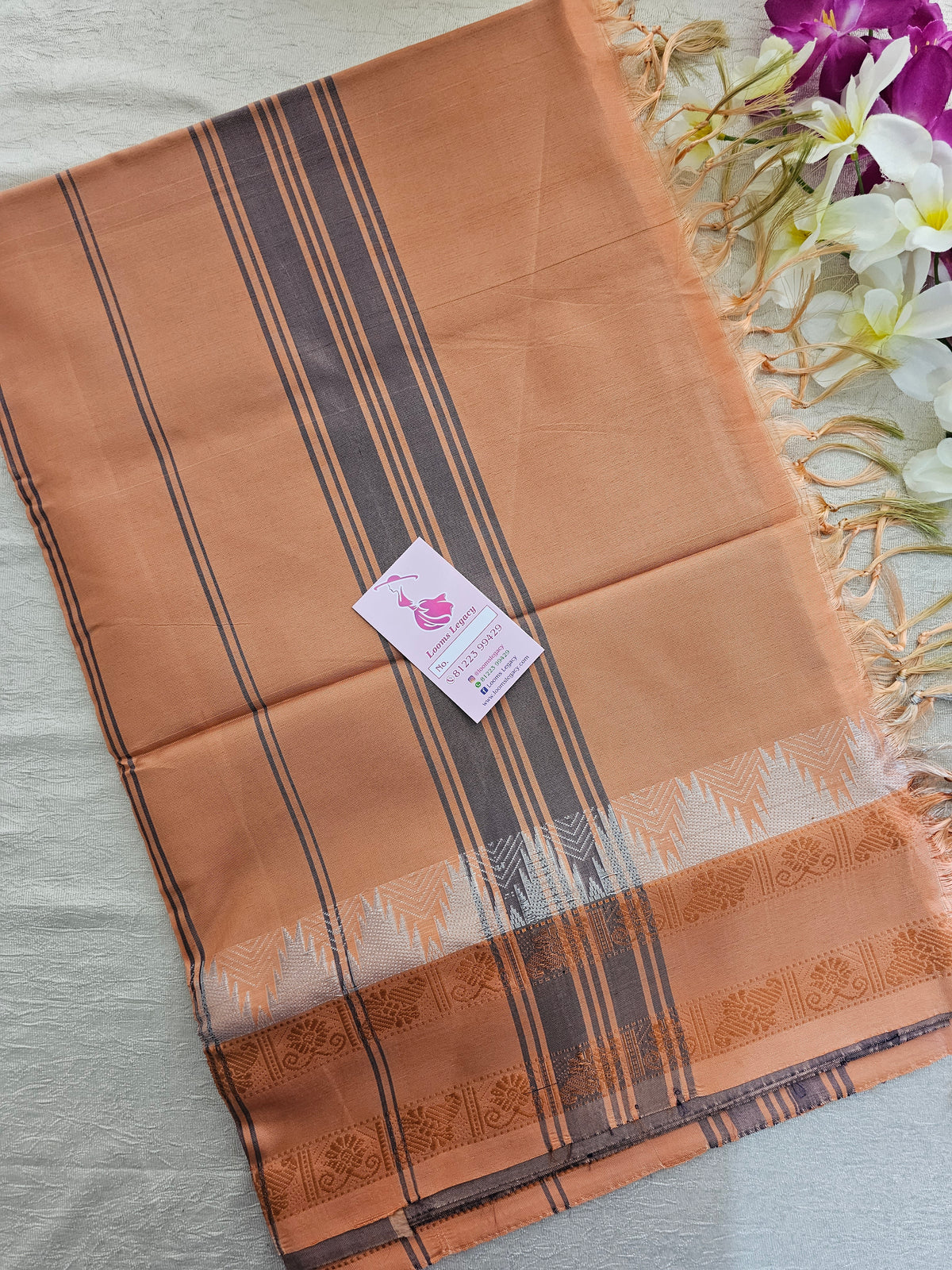 Mehindi  Green with Pastel Orange Pallu Chinnalampattu Korvai Tower Border Saree