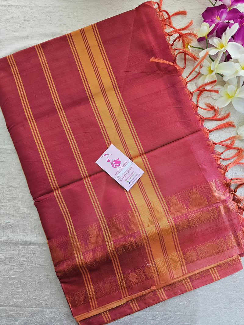 Yellow with Dual Shade Marron cum Orange Pallu Chinnalampattu Korvai Tower Border Saree