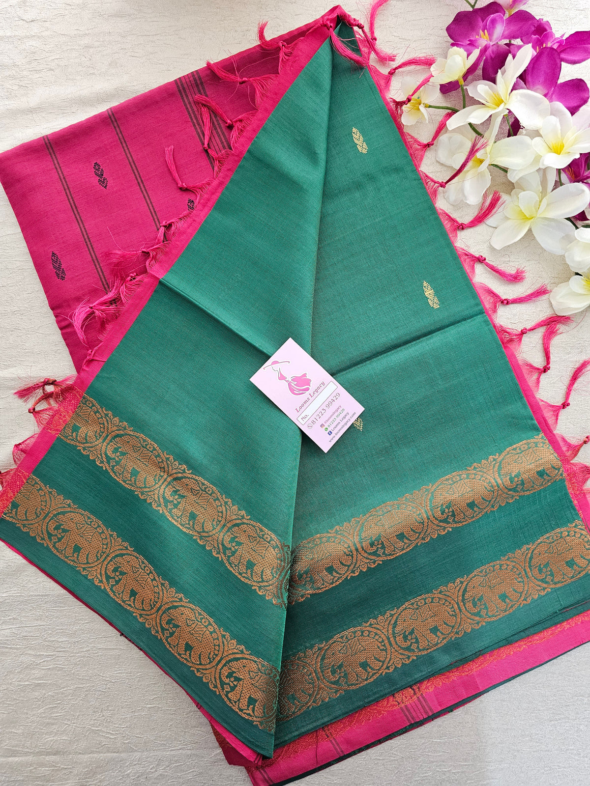 Dark Green with Pink Pallu Chinnalampattu Korvai Tower Border Saree