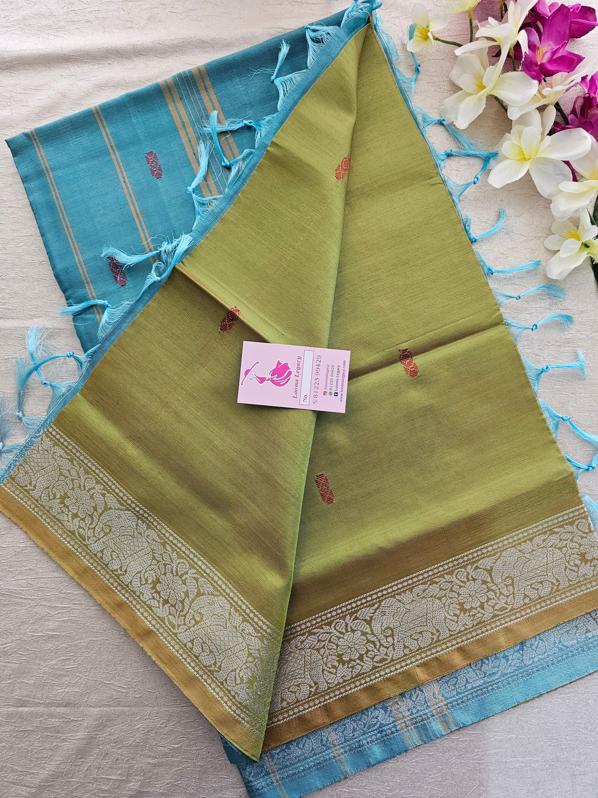 Dual Shade Green cum Yellow with Blue Pallu Chinnalampattu Border Saree