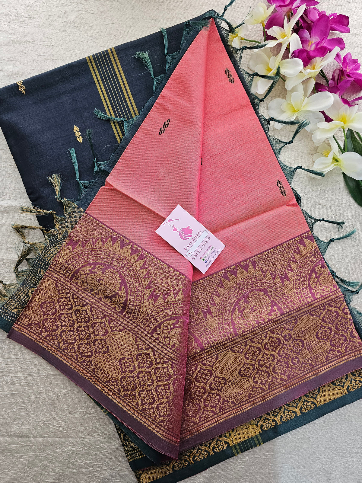 Peachish Pink with Dark Green Pallu Chinnalampattu Long Border Saree