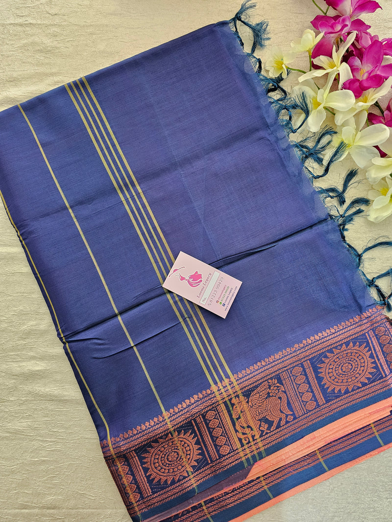 Peachish Pink with Blue Pallu Chinnalampattu Border Saree