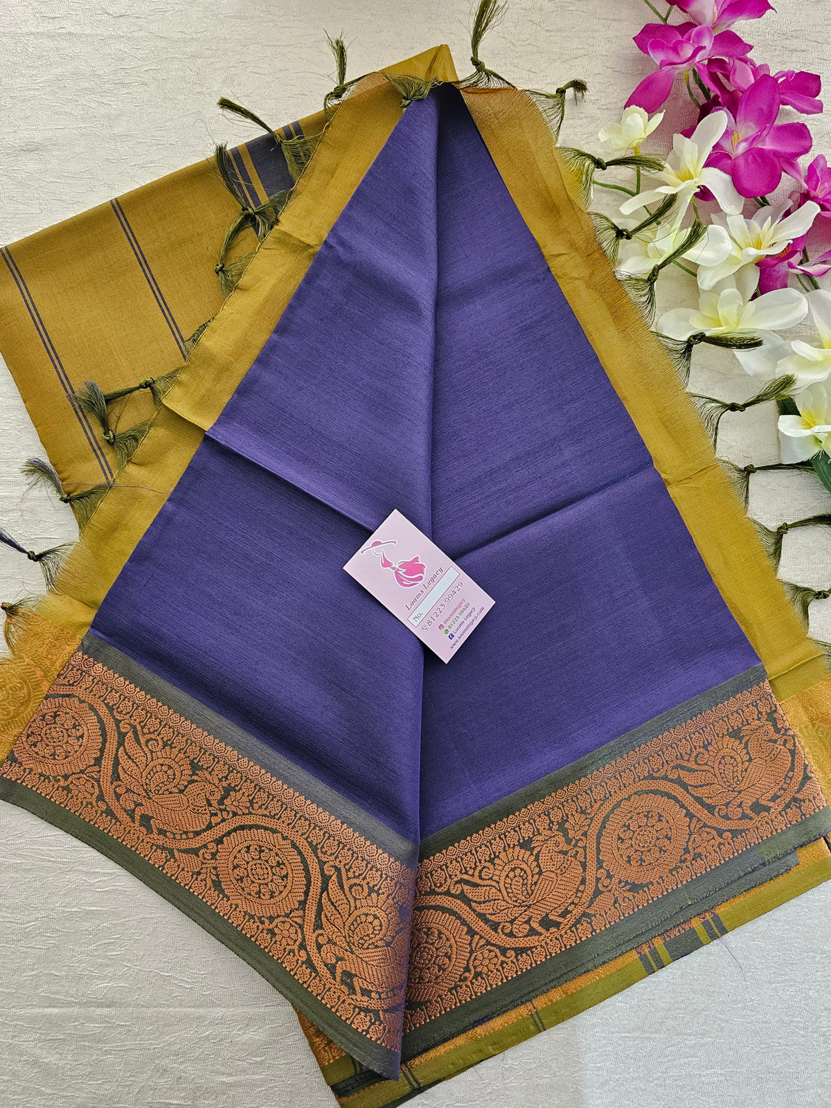 Dark Violet with Mehndi Green Pallu Chinnalampattu Border Saree