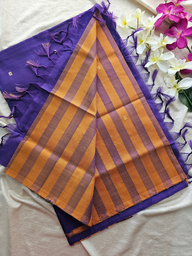 Mustard Yellow with Violet Stripes Handwoven Chinnalampattu Saree