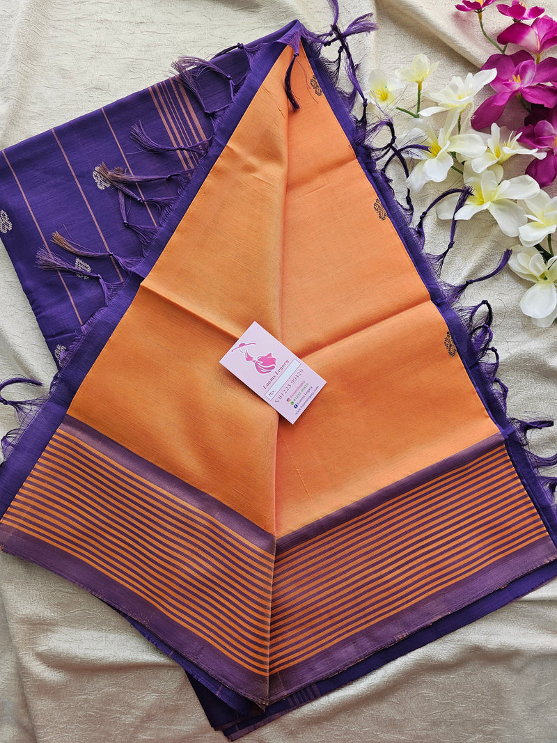 Sandal Yellow with Violet Pallu and Stripes Border Handwoven Chinnalampattu Saree