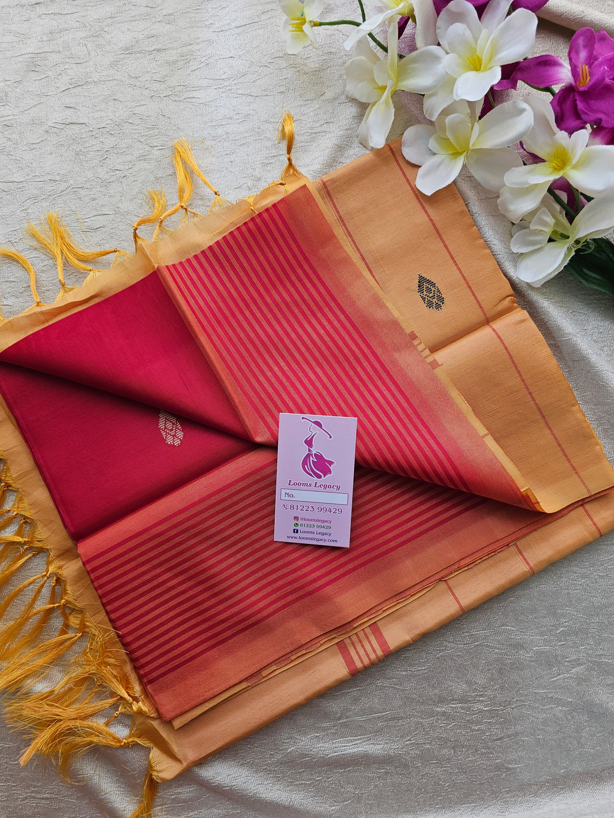 Red with Sandal Pallu Border with Stripes Handwoven Chinnalampattu Saree