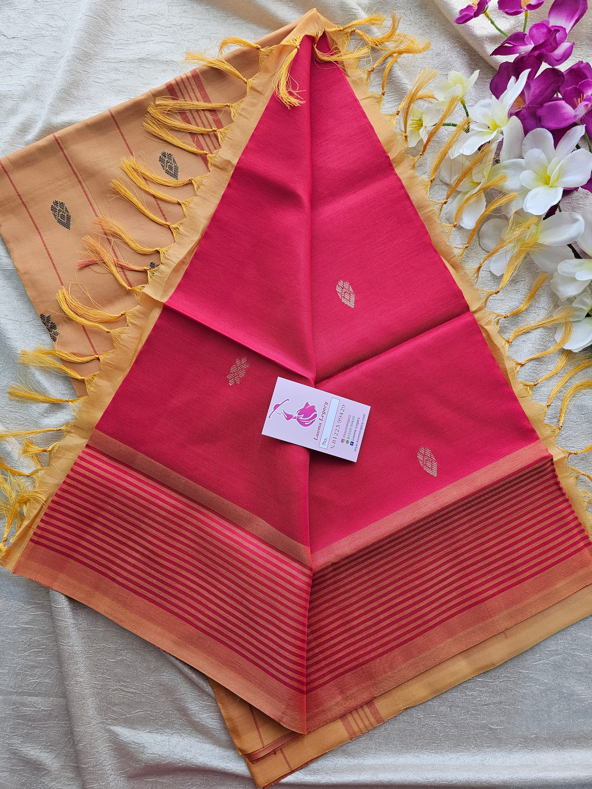 Red with Sandal Pallu Border with Stripes Handwoven Chinnalampattu Saree