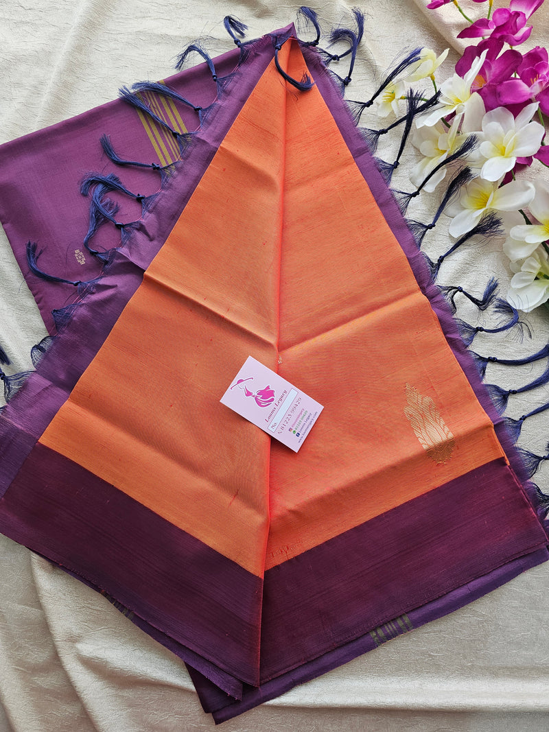 Yellowish Orange with Purple Pallu Border Handwoven Chinnalampattu Saree